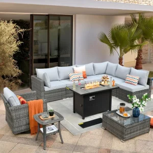 10 Pieces Outdoor Patio Furniture Set, Swivel Rocker Chair, Fire pit ,Coffee Table