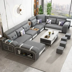 Fabric Sectional Sofa with Storage, Adjustable Headrests & USB Charging