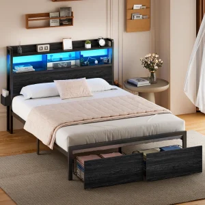 Full/Queen Size Bed Frame with Storage Headboard, Storage Drawers, LED Lights and Charging Station