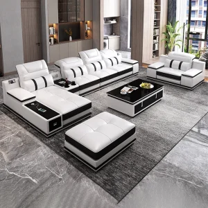 Modern Genuine Leather Sofa sets, Stylish Italian Couch with Bluetooth Speaker, USB & Adjustable Headrests